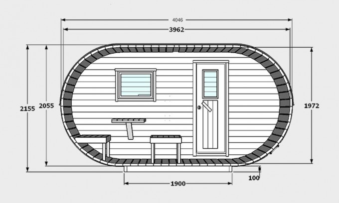 Sauna Oval avec terrasse et vestibule bois massif 42 mm