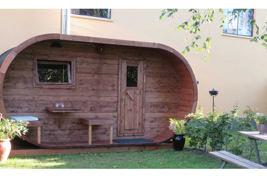 Sauna bois Oval avec terrasse et vestibule bois massif 42 mm