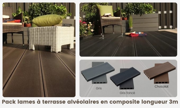 Pack 20m2 terrasse composite alvéolaire - longueur lames 3m