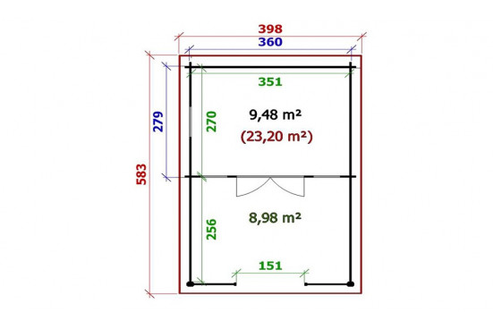 Plan chalets en bois BELFORT 44 mm - 9,5m² intérieur + 9m²